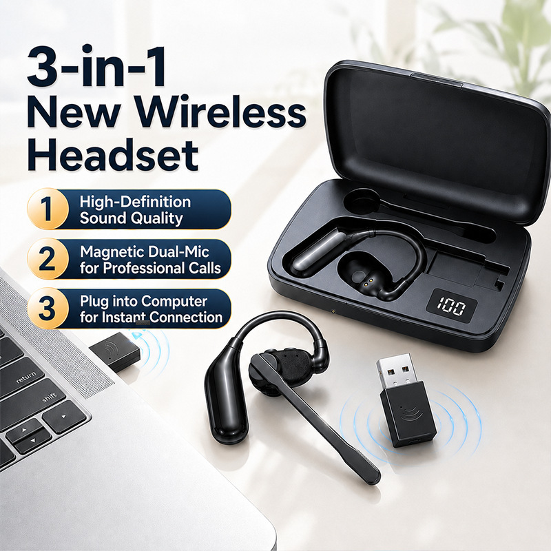New V2 Business Earphones with Charging Case, Detachable Earpiece, Over-Ear Bluetooth Headset, Single Ear