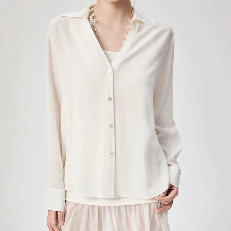 Lace Splicing Loose Mulberry Silk Shirt Women's Sun Protection Shirt V-Neck Crepe De Chine Silk Top Autum New Style
