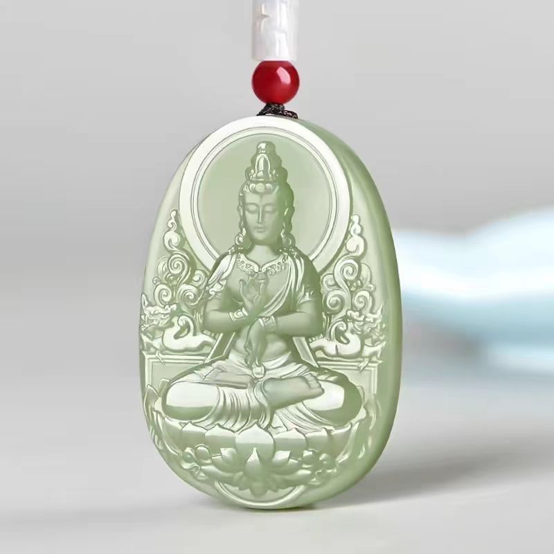 Mặt dây chuyền ngọc Hetian tự nhiên hình Quan Thế Âm Bồ Tát cho nam – dây chuyền phong thủy hộ mệnh cỡ lớn