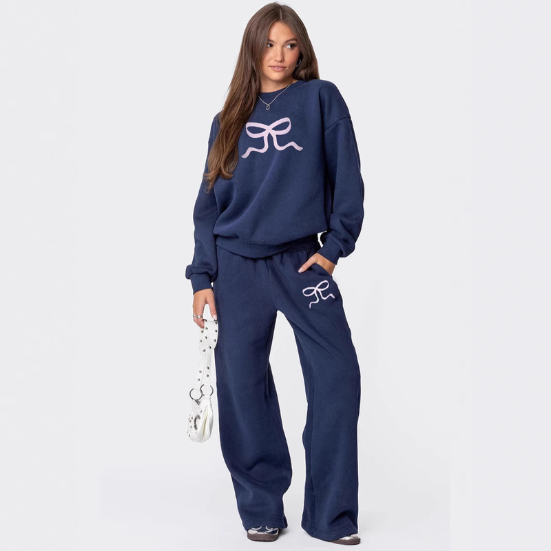 Autumn and Winter New Cross-border European and American Round Neck Long Sleeve Loose Thickened Sweat Women's Fashion Casual Wide Leg Pants suit