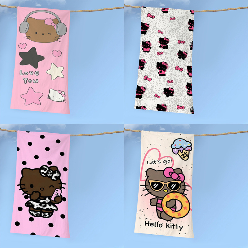 Cool Black Leather Hello Kitty Cartoon Print Microfiber Beach Towel, Soft and Skin-Friendly Seaside Vacation Towel