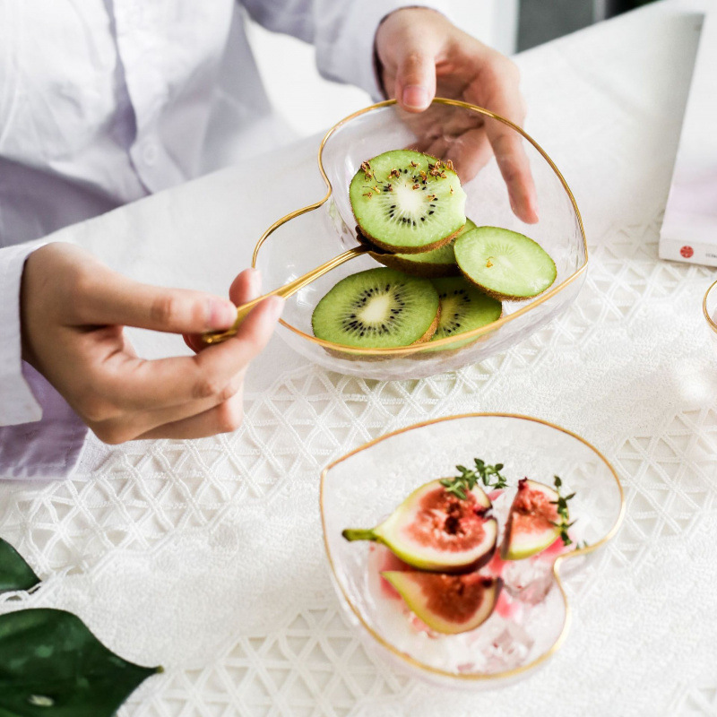 Heart-Shaped Fruit Plate Japanese-Style Hammered Gold-Rimmed Heart-Shaped Glass Bowl Glass Bowl Fruit Salad Bowl Pastry Plate Wholesale