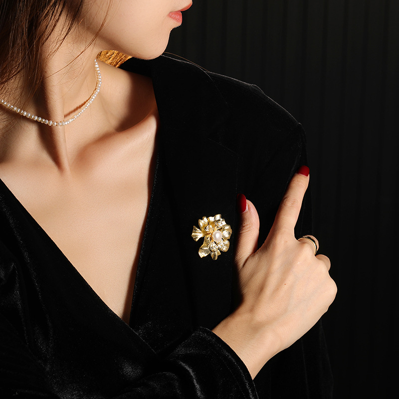 Japanese retro double-layer pleated petal brooch, freshwater pearl empty tray accessories_voghion.com