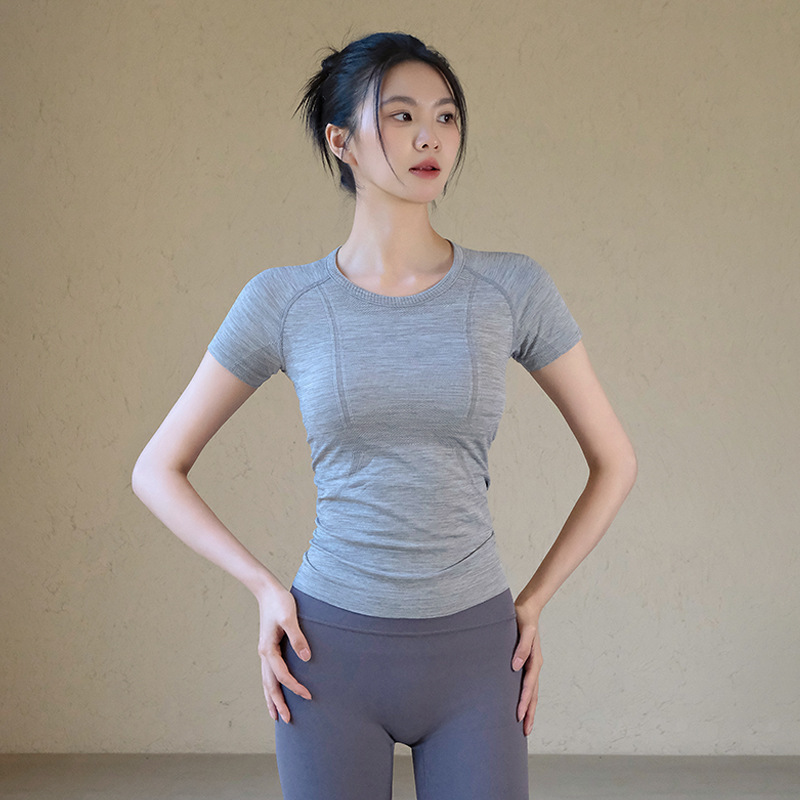 Lulu Yoga Suit Sports Short-sleeved Top Running Quick-drying T-shirt Women's One-piece Knitted Spring and Summer Training Fitness Suit