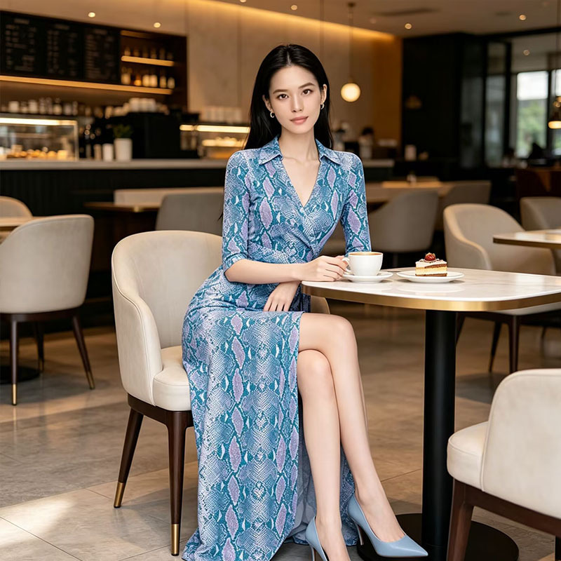 Summer New Style Blue Snake Print Lapel Collar Three-Quarter Sleeve Wrap Chest Tie Long Dress Elegant and Feminine Dress Summer New Style Blue Snake Print Lapel Collar Three-Quarter Sleeve Wrap Chest Tie Long Dress Elegant and Feminine Dress