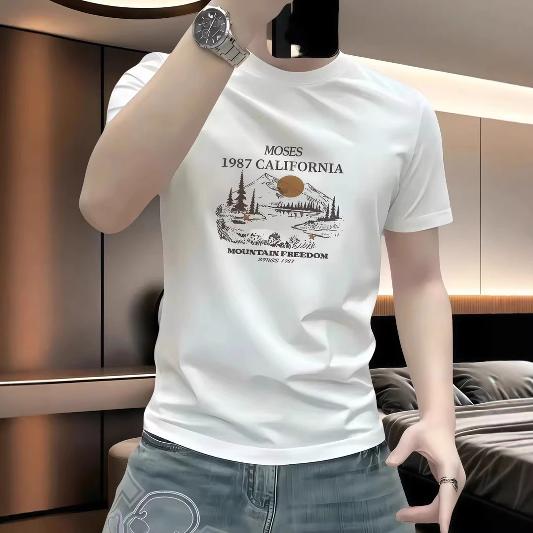 New Heavyweight Versatile Short-Sleeve T-Shirt for Men, Casual Fashion Half-Sleeve Crew Neck Plus Size Trendy Print