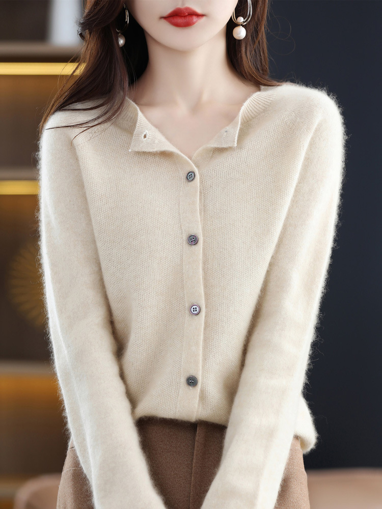 Cárdigan de Punto de Lana para Mujer Lana Cuello Redondo, Manga Larga para Otoño e Invierno