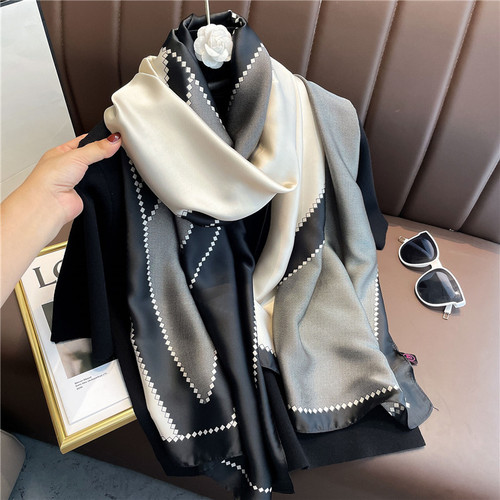 New silk satin spring and autumn silk scarf geometric color matching thin silk scarf women's mid-length scarf sun protection vacation shawl turban beach towel
