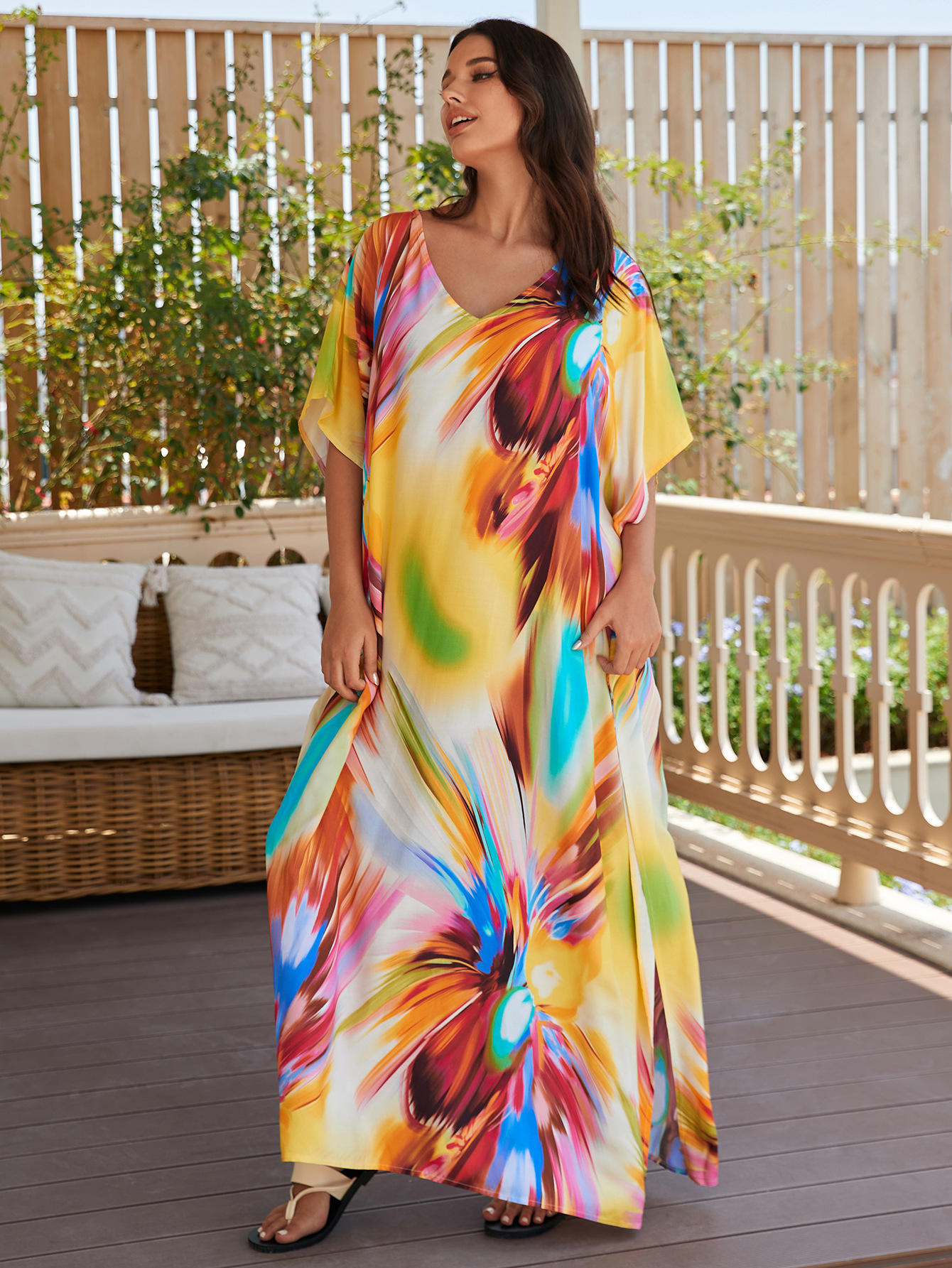 Rochie de plajă lungă kimono dama boho viscoză tie-dye_voghion.com