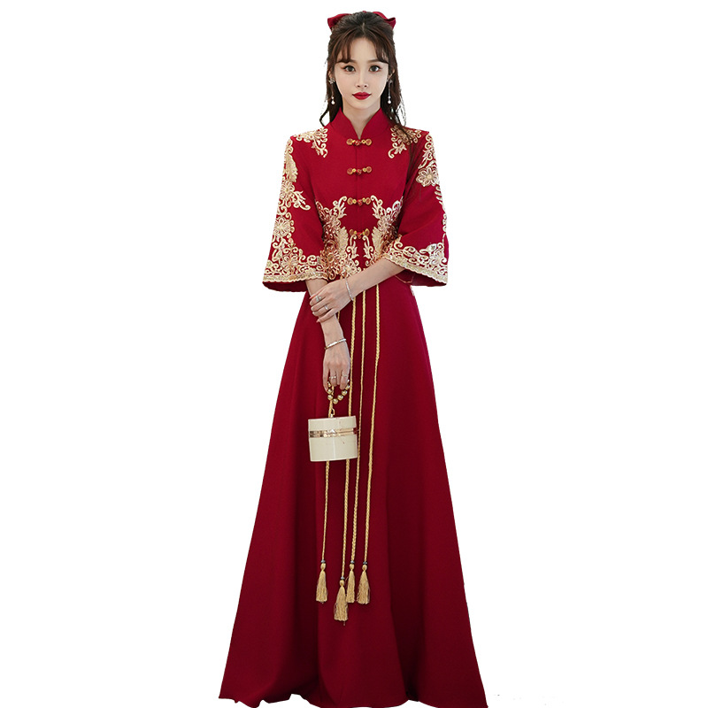 Plus-size For Brides, Spring Engagement Chinese-style Xiuhe Dress, Burgundy Long Wedding Dress 2002_voghion.com