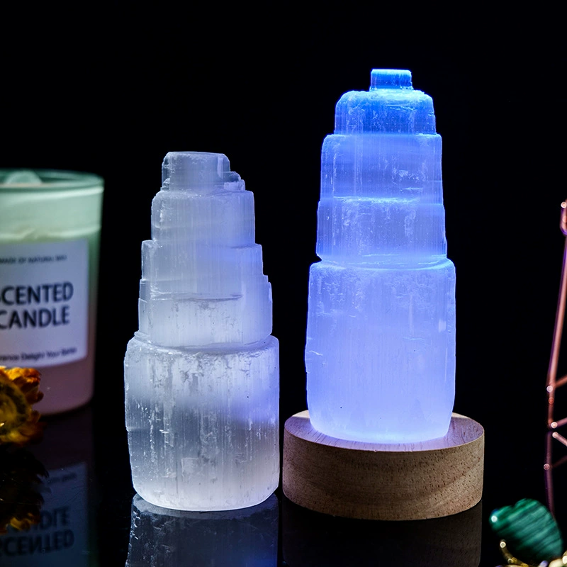 Gypsum tower night lamp, Moroccan translucent crystal ornament, LED base options, 6–20 cm