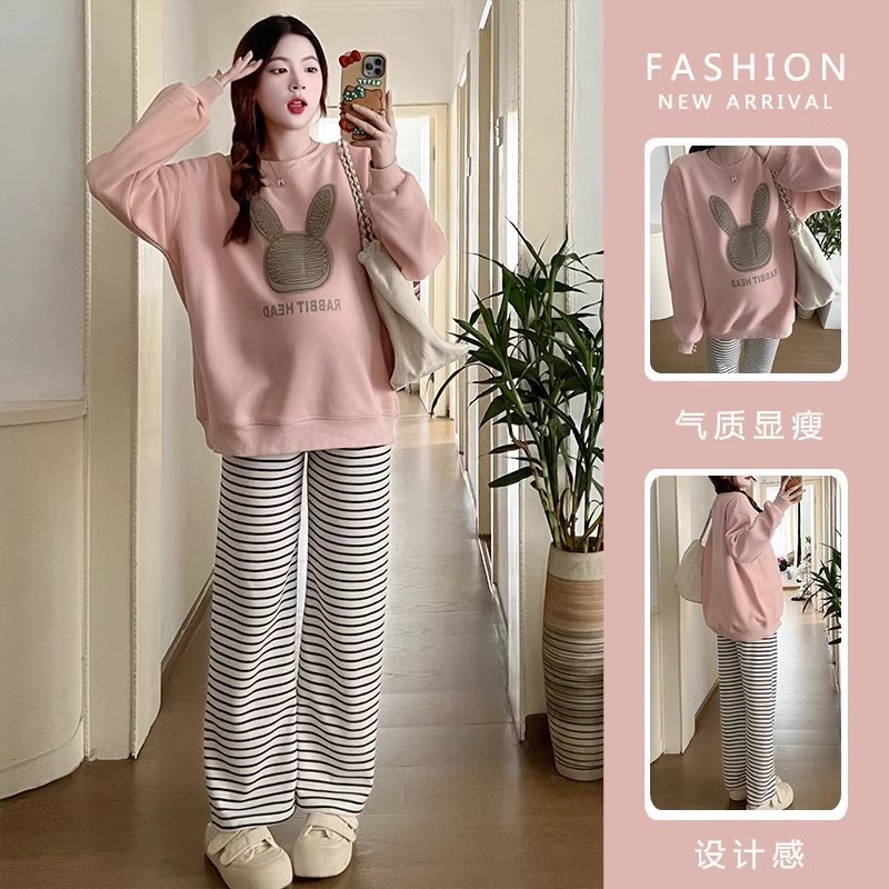 임산부복 가을 2025 신스타일 정장 세련되고 스타일리시한 긴팔 플러스 벨벳 스웨터 토끼 상의 투피스 정장