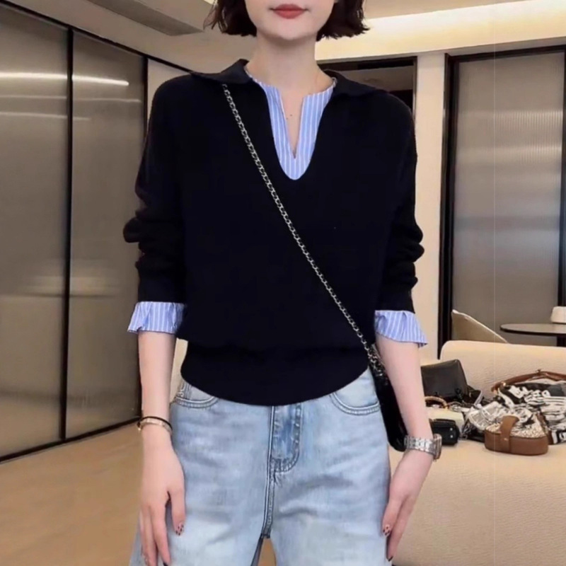 假两件撞色拼接条纹针织衫女大码早秋新款设计感宽松V领长袖上衣|undefined