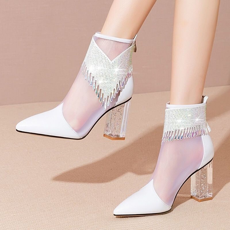 French Sexy Mesh Tassel Rhinestone High Heels Mesh Boots Women's New Genuine Leather Toe Hollow Sandals Cross-Border