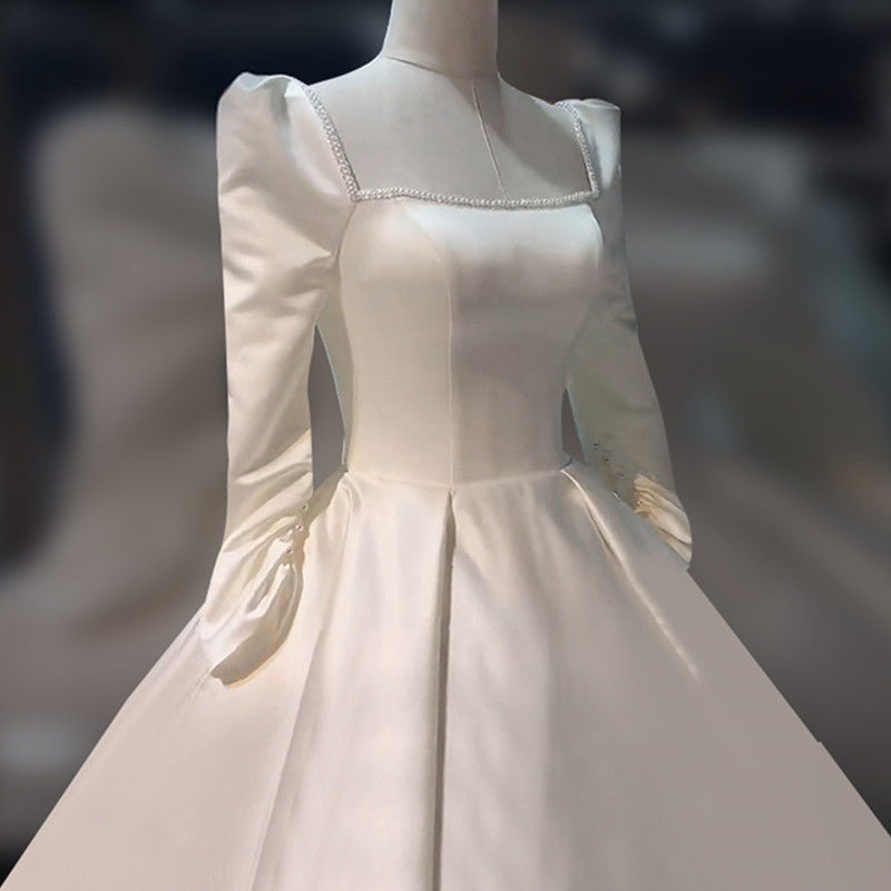 Satin Wedding Dress Main Gown 2025 New Bride Sleeve French Heavy Craft Luxurious Court Style Exit Veil With Long Train_voghion.com