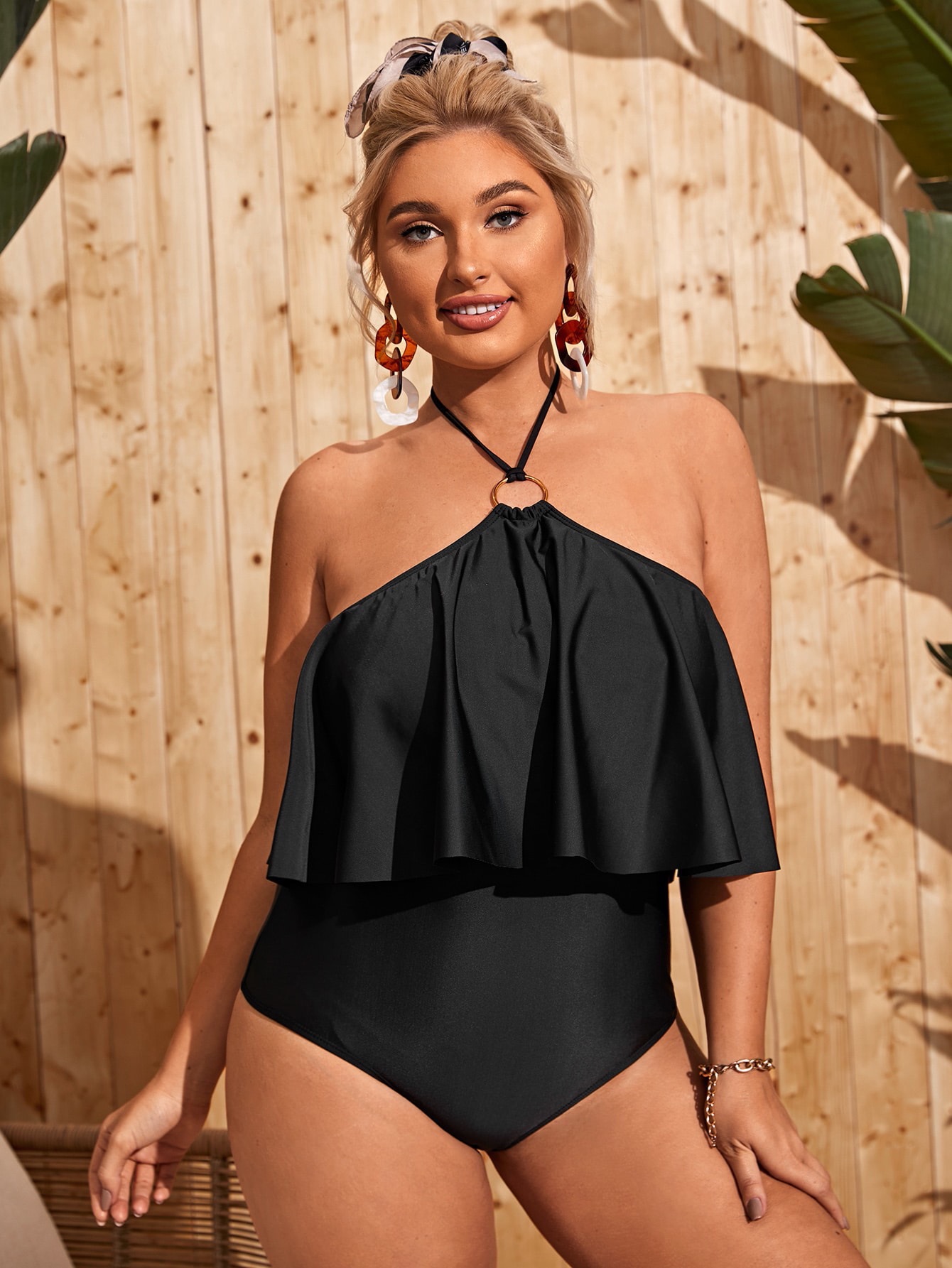 plus size lace-up hanging neck backless solid color one-piece swimsuit NSJHD124876