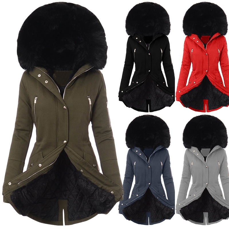 Amazon popular invierno abrigo de algodón acolchado de las mujeres Cuello de piel Abrigo acolchado de algodón abrigo de las mujeres de longitud media con capucha cintura apretada caliente chaqueta acolchada de algodón image 2