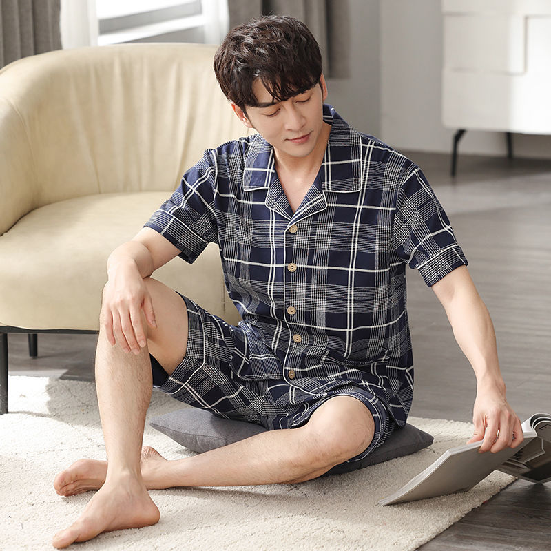 Pijamas de hombre ropa de verano 100% algodón pantalones de manga corta chaqueta juvenil traje de homewear delgado de mediana edad