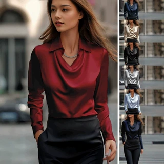 2026独立站wish亚马逊外贸款气质简约荡领衬衫领女士长袖上衣女装