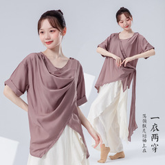 现代舞蹈服女新荡领飘片短袖宽松垂顺飘逸禅意慵懒太极练功服上衣