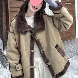 时髦洋气皮毛一体仿羊羔毛外套女秋冬新款机车服麂皮绒棉衣