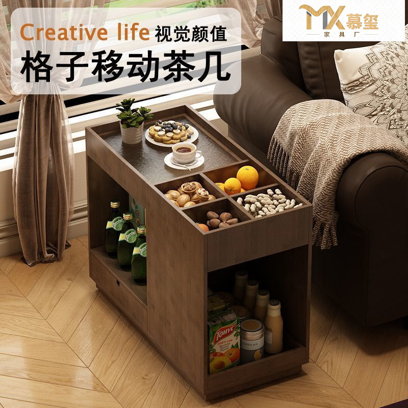 Coffee Table with Wheels, Snack Side Table, Mobile Rotating Sofa, Living Room Trolley, Home Antique Style Small Apartment Storage Side Cabinet