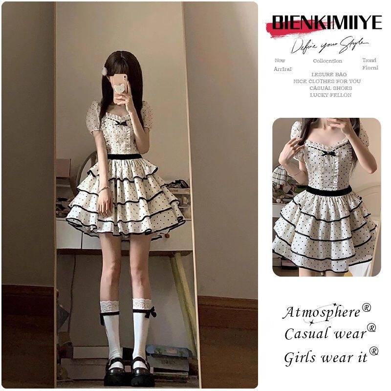 French Preppy Style Gentle Girly Polka Dot Dress for Women, New Summer Style for Petite Figures, Waist-Cinching Puffy Princess Dress