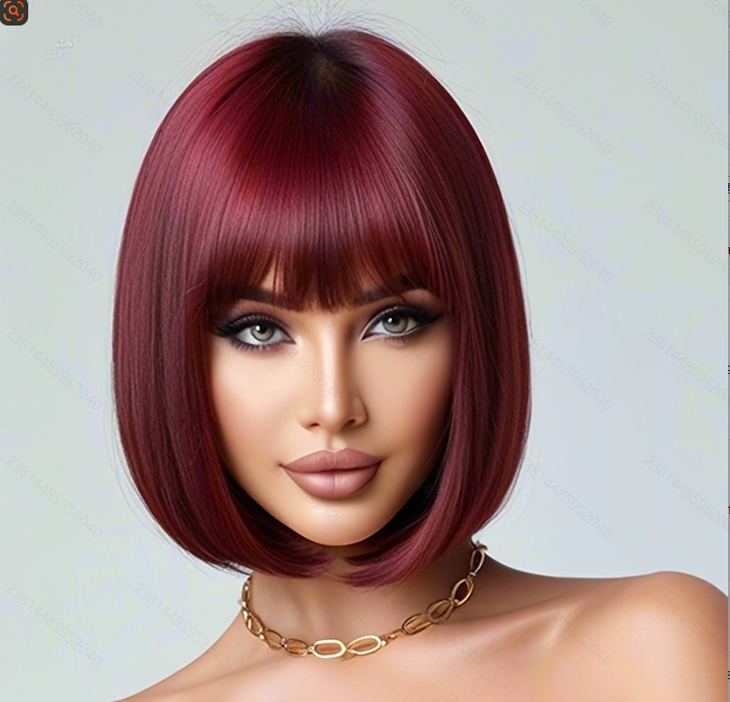 Peluca, cabello corto para mujer, cabello lacio y Qi flequillo, nueva moda, cabeza de Bobo natural, cubierta completa de fibra química, cabello corto completo