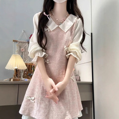 小个子绝美粉色连衣裙子女初秋季2025新爆款假两件miu系穿搭短裙