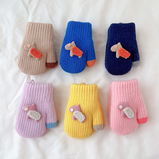 Cartoon cute baby gloves autumn and winter warm Korean Children's double-layer thickened with lanyard windproof bag cover