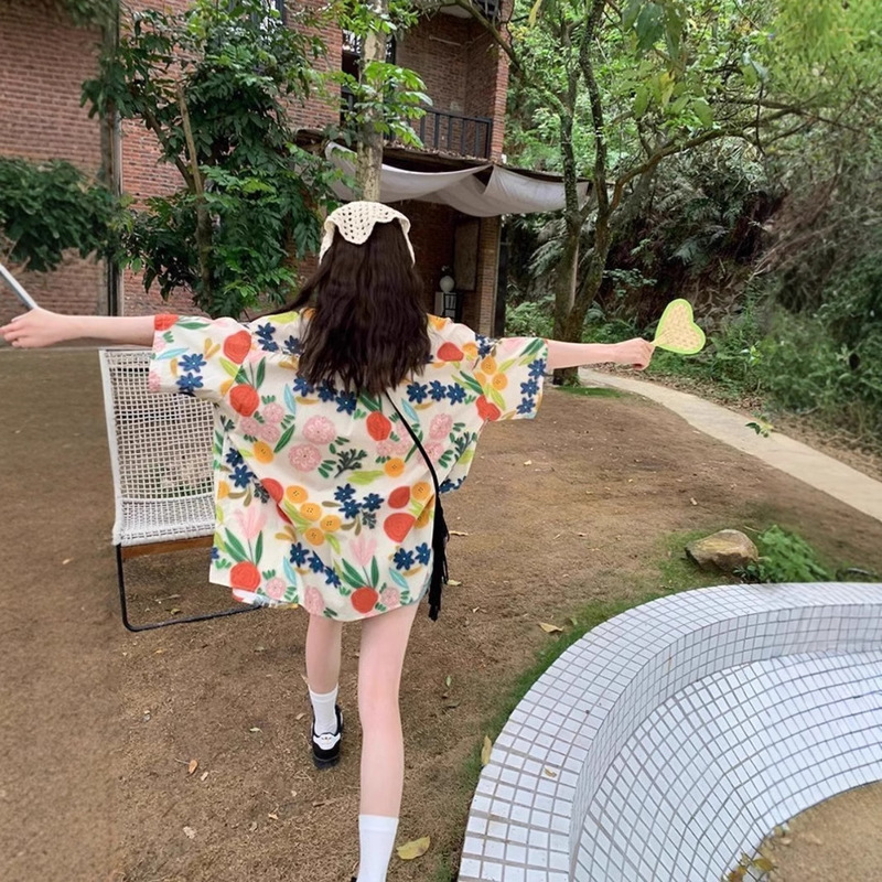 Summer Oil Painting-Floral Vacation Short-sleeved Shirt Women's Loose Hawaiian Port Style Shirt Salt Department College Style ins