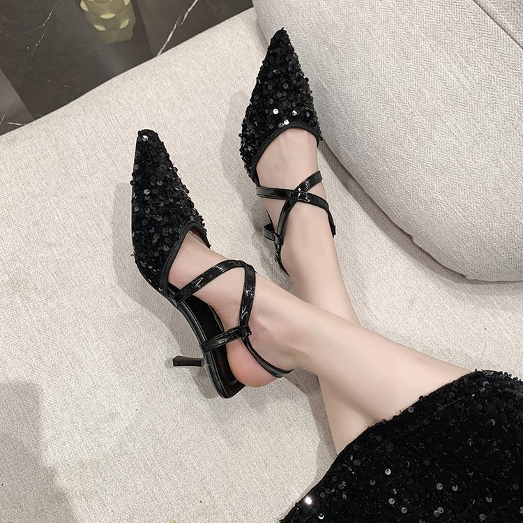 2024 Spring and Summer New Black Sequin Strappy High Heels Women's Stiletto Sandals Pointed Toe Baotou Single Shoes Sexy Sequins_voghion.com