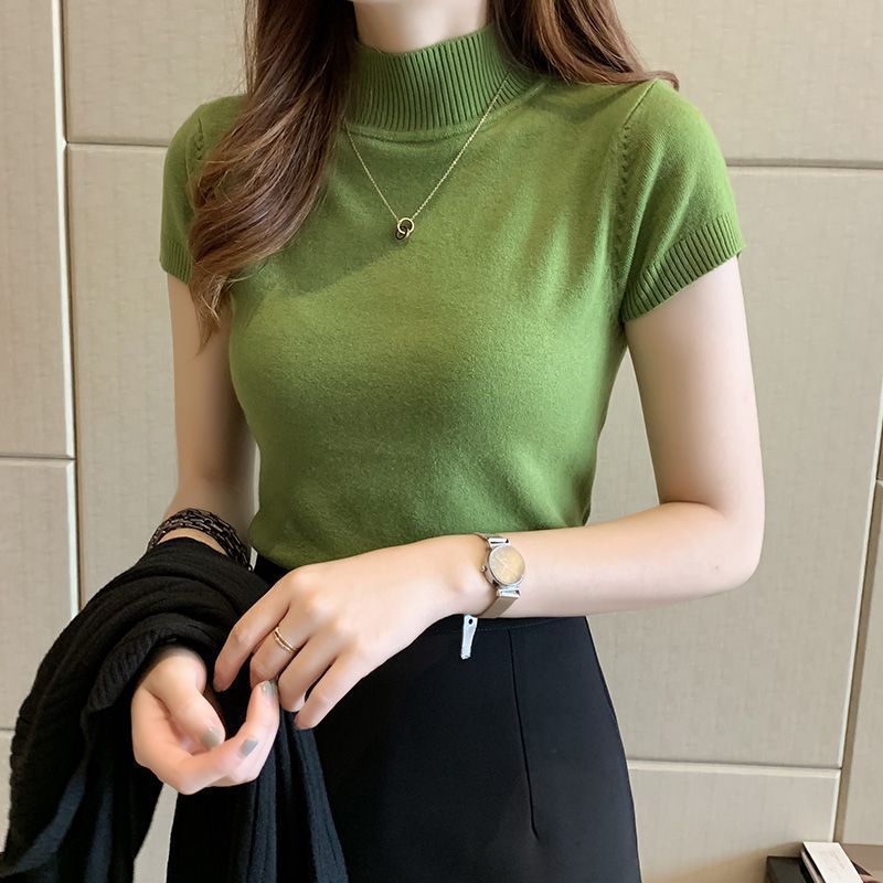 卸売トップス夏の女性の薄いハーフタートルネックボトリングシャツレディース Tシャツ半袖ドーパミンニットセーター夏薄い|undefined