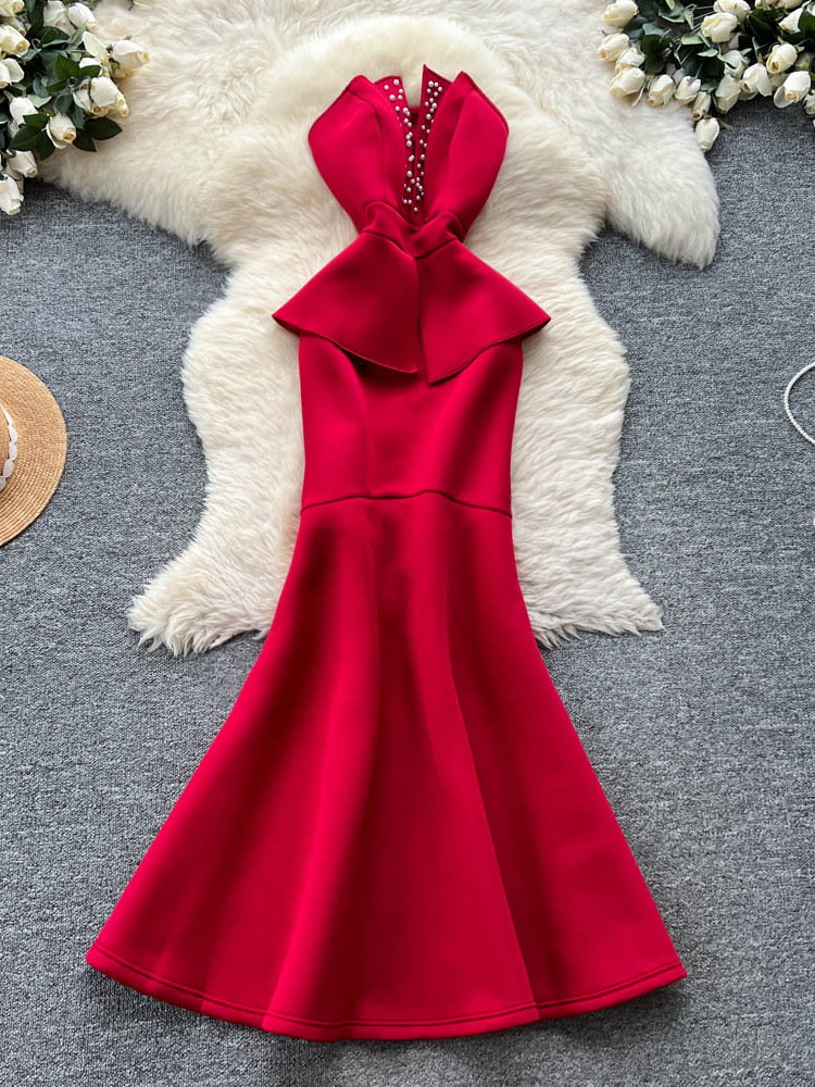 红色礼服女晚宴派对连衣裙轻奢重工钉珠收腰无袖抹胸鱼尾长裙