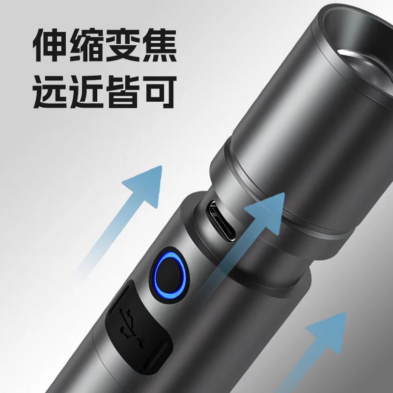 Nueva linterna láser blanca con zoom telescópico, función de banco de energía USB, gancho, abrebotellas, largo alcance y alto brillo