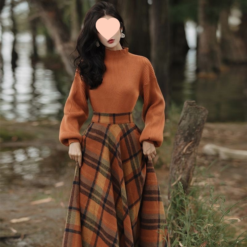 御姐港风复古穿搭设计感毛衣配格子半身裙子两件套装女秋冬