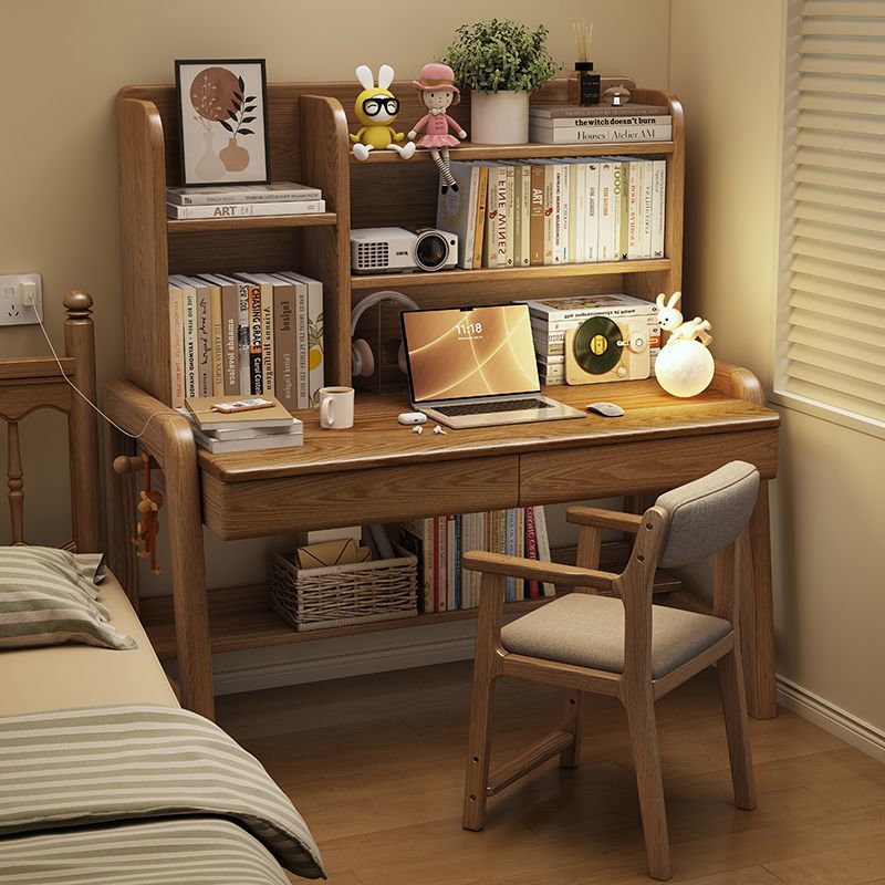 Liftable Solid Wood Children's Study Table for Primary and Secondary School Students Home Desk with Bookshelf Integrated Writing Desk and Chair Set