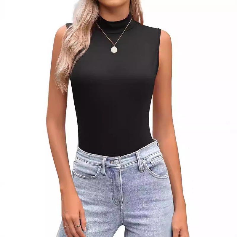 Foreign trade women's fake turtleneck vest 2024 new slim sleeveless hot girl top elastic basic casual T-shirt