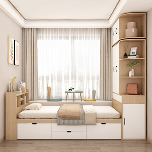 Simple Tatami Bed Desk Wardrobe Integrated Small Apartment Bedside Floor-Standing Bedstand Storage for Children