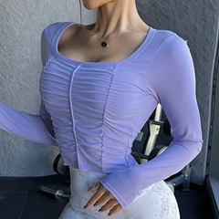 Autumn and winter fitness yoga running top with chest pad for women, slim sports long-sleeved, tight-fitting, stretchy, nude feel, anti-exposure