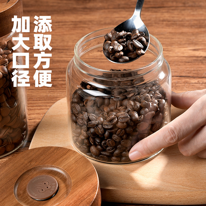 Tanque de sellado de vidrio de grado alimenticio unidireccional de escape de granos de café tanque de soja tanque de almacenamiento cubierta de madera tanque de conservación de cáscara de naranja de té