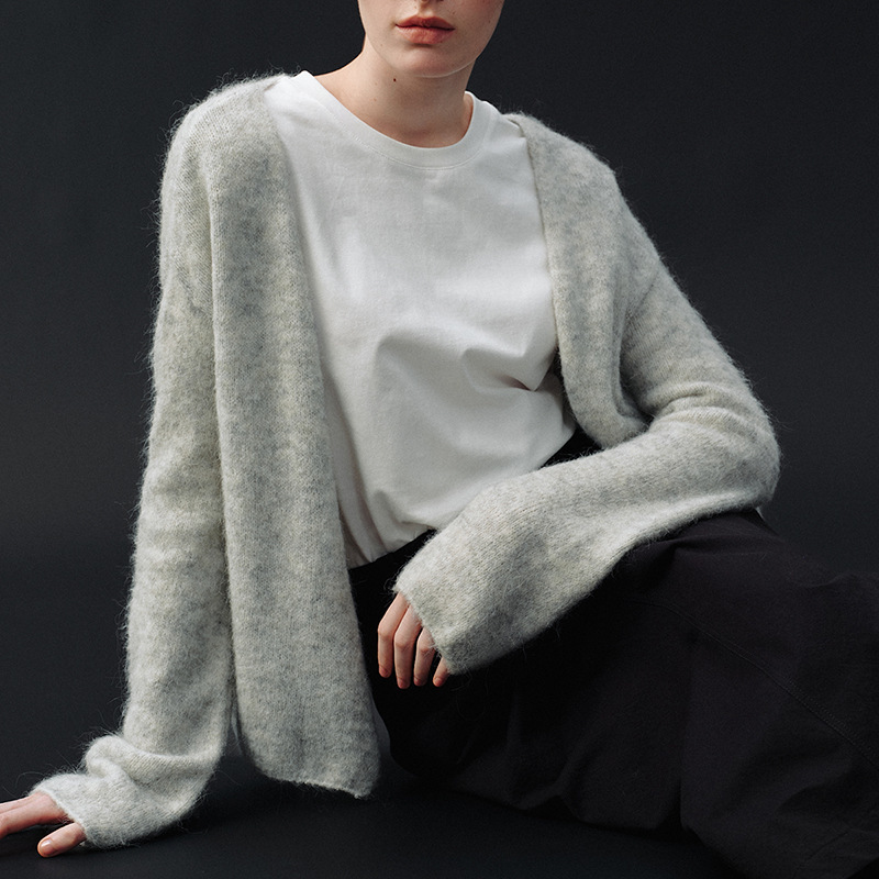 Trendy and Casual Alpaca Wool Simple Artistic Fluffy Lazy V-Neck Knit Cardigan Top for Women