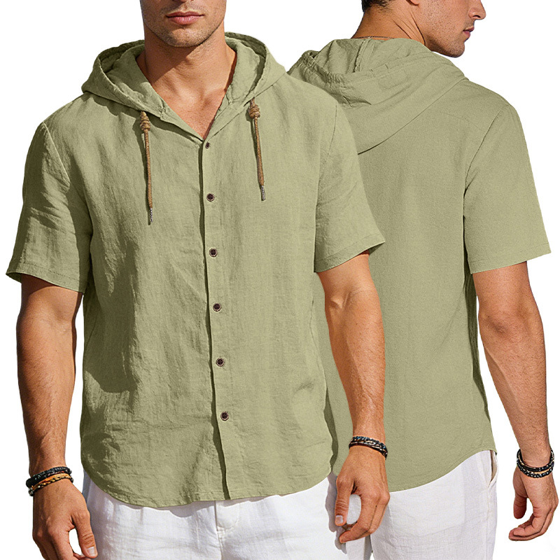 Camisa de lino con capucha para hombre, estilo europeo y americano, transfronteriza, de Amazon, con botones, fina, de verano, informal, de manga corta.