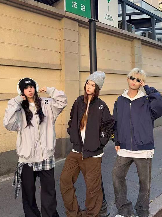 美式潮牌棒球服夹克女国潮字母刺绣宽松百搭情侣飞行拉链外套上衣|undefined