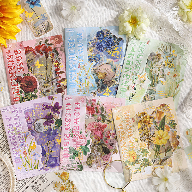 Paquete de pegatinas impermeables PET serie de flores doradas retro 30 pegatinas de material decorativo floral estampado