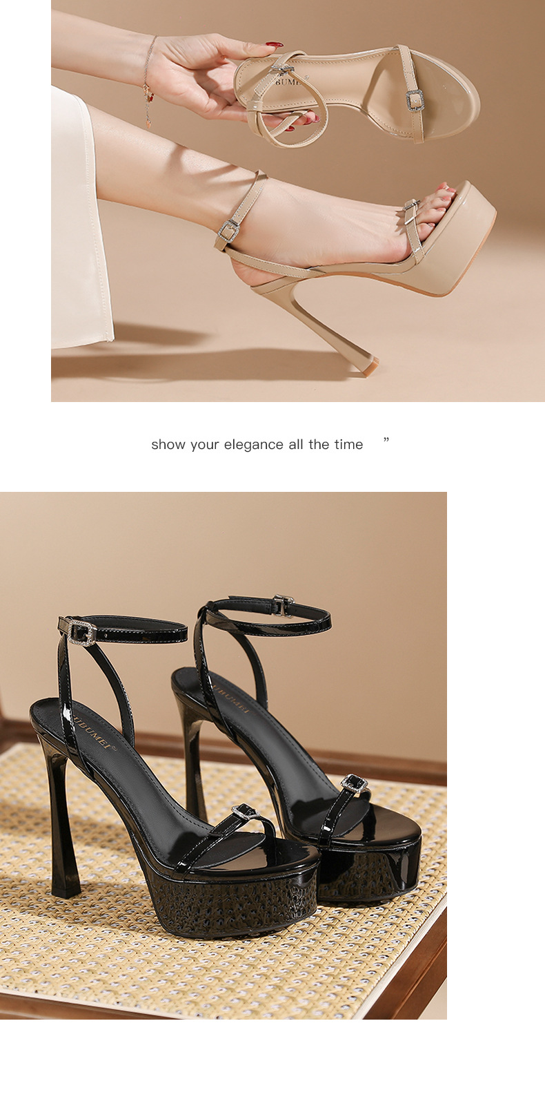Sandal cao gót nữ quai một dây mảnh khóa cài, mũi tròn đế xuồng chống trượt — màu đen chi tiết 7
