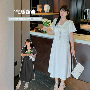 French retro temperament V-neck dress 2024 summer new 200kg chubby girl waist slimming dress 261476