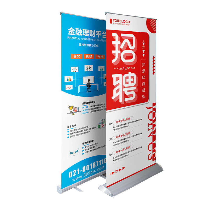 Suministro directo de fábrica de expositores enrollables de plástico, acero y aleación de aluminio para carteles publicitarios exteriores, venta al por mayor y personalizados de alta gama.