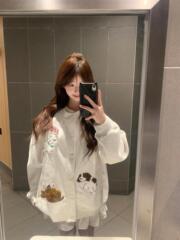 可爱卡通小狗毛巾绣开衫卫衣女秋冬韩系慵懒风宽松休闲bf外套上衣