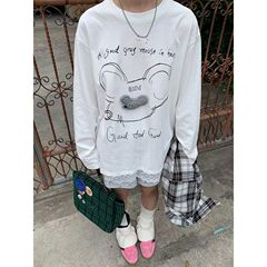手绘涂鸦搞怪老鼠头印花T恤女早秋季新款宽松长袖百搭设计感上衣